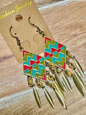 Colorful Chevron Dangle Earrings with Brass Fringe